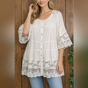NWT Denim 24/7 White Lace Accent Blouse